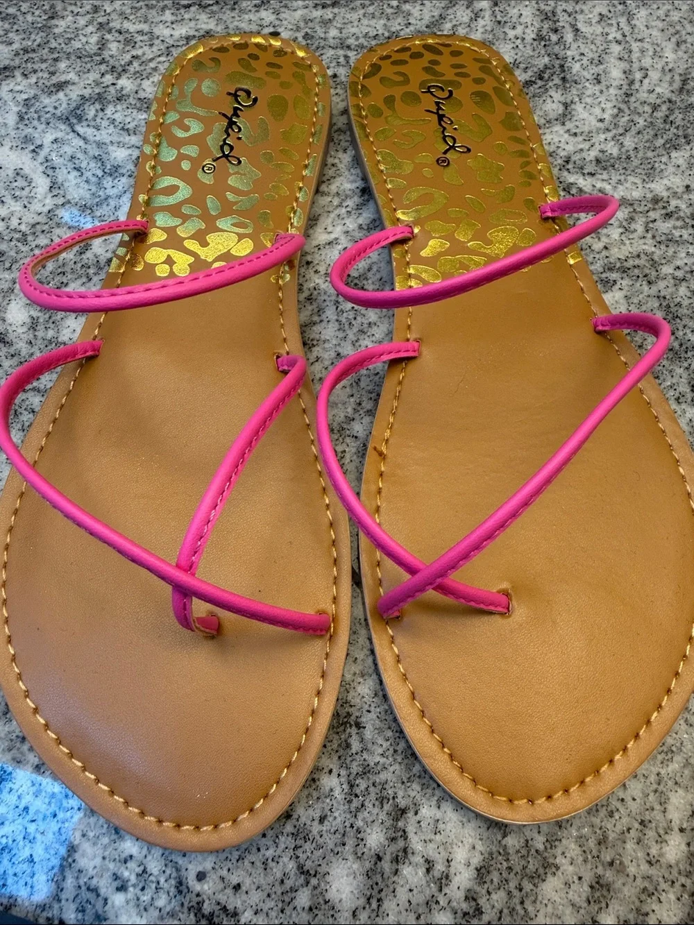 Qupid Pink Strappy Flat Sandals with Gold Leopard Inlay